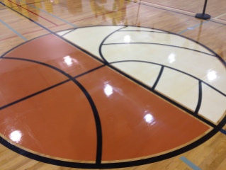 Main Gym floor logo, representing basketball and volleyball